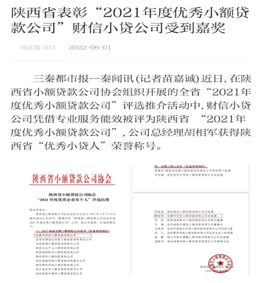 多家媒體報(bào)道財(cái)信小貸公司榮獲 陜西省“2021年度優(yōu)秀小額貸款公司”榮譽(yù)稱號